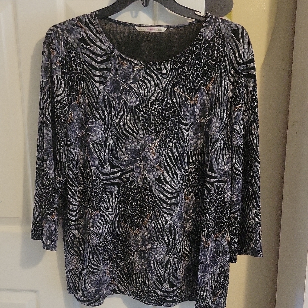 Peter Nygard Women’s Long Sleeve Scoop Neck Top - Black & Gray Animal Print